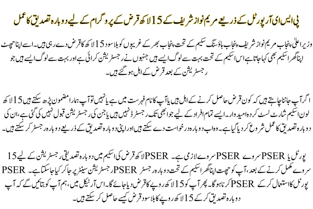 Re-verification Process for Maryam Nawaz Sharif 15 Lakh Loan Program Through PSER Portal